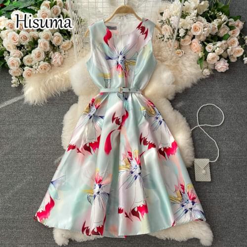 2021 summer new womens chic O-neck flower print chiffon A-line dresses female retro Elegant satin party dress with belt