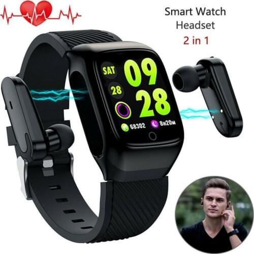 2 in 1 Smart Watch Headsets TWS Earbuds Bluetooth Smartwatch Heart Rate Monitor Wristwatch Remote Camera Universal