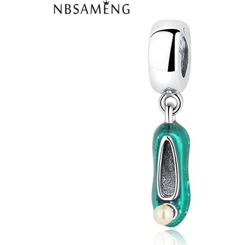 Authentic 925 Sterling Silver Bead Princess Green Enamel Shoes Hanging Charms Fit Original Bracelets DIY Jewelry