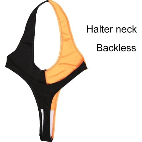 Contrast Color Patchwork Halter High Cut Thong Bikini Bodysuit Backless Hot Sexy Swimwear Japanese Sukumizu Swimsuit One Piece