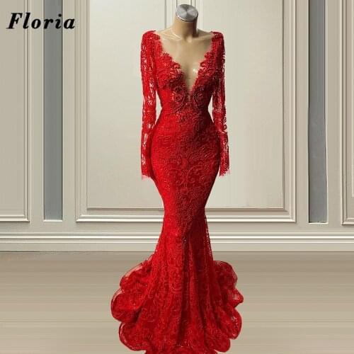 Red Beading V Neck Celebrity Party Dresses 2021 Couture Lace Mermaid Evening Gowns Arabic Dubai Long Prom Dress Robe De Soiree