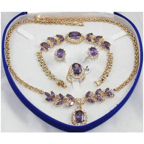 Good >> Yellow Gold fine gem Inlay Purple Crystal Necklace Bracelet Earring Ring 1set AAA