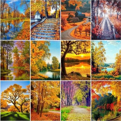 HUACAN 5D Diy Diamond Painting Kits Autumn Nutural Landscape Embroidery Cross Stitch Decoration For Home