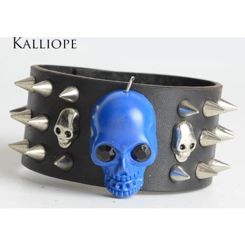 Three rows of cones blue skull punk style leather bracelet fashion men jewelry accessories birthday gift