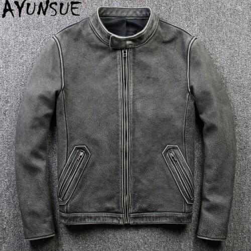 AYUNSUE 2020 Genuine Cow Leather Jacket Men Short Spring Retro Cowhide Coat Motorcycle Mens Leather Jackets Real Leather 805