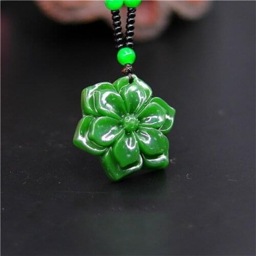 Natural Green Chinese Jade Flower Pendant Beads Necklace Fashion Charm Jadeite Jewelry Carved Amulet Gifts for Women Men