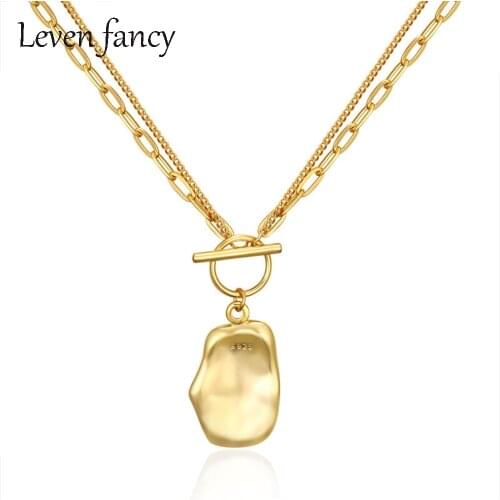 Real S925 Sterling Silver Women Design Irregular Pendant Neckalce Double Layered Chain 18K Gold OT Buckle Necklaces 925 Silver