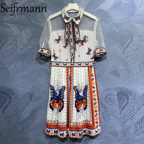 Seifrmann New 2021 Summer Women Fashion Designer Pleated Dress Lantern Sleeve Bow High Waist Floral Printed Ladies Midi Dresses