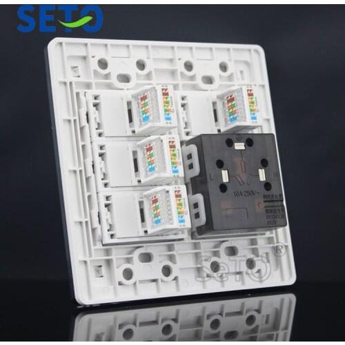 SeTo 120 Type Three Hole Power Socket + Four Ports RJ45 Cat5e Network Panel Outlet Wall Plate Keystone Faceplate