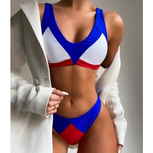 Sexy Patchwork Bikinis Push Up Womens Swimsuits V-Neck Swimwear Mid Waist Bathing Suits High Cut Bikini Set Solid Biquini 2021