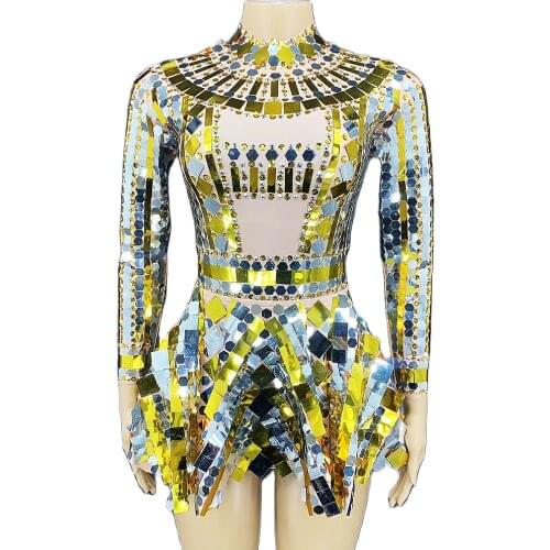 Sparkling Mirror Sequins Bodysuit Women Above Knee Dress Decoration Rhinestone Costume Stage Costumes For Singers Stage Wear