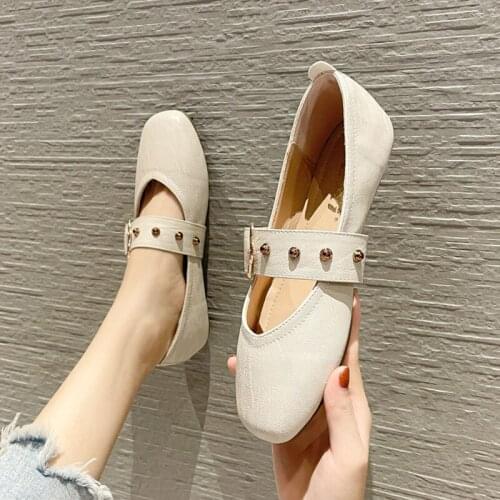 Rivets belt flat shoes woman black/pink leather ballet flats casual shallow mouth slip on loafers women espadrilles big size 43