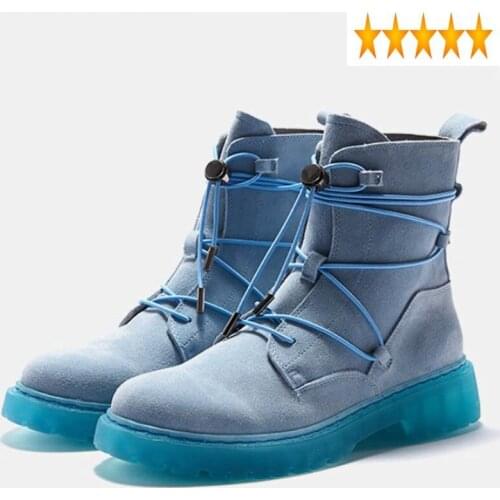 Top Harajuku High Mens Winter Cow Suede Leather Ankle Lace Up Work Safety Shoes New Vintage Motorcycle Biker Riding Boots