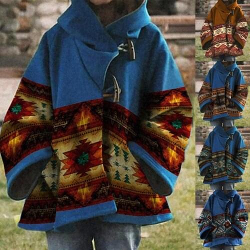 2020 Women Batwing Sleeve Ethnic Print Hooded Baggy Coat Horn Jacket Overcoat Womens Clothing женская куртка femme veste