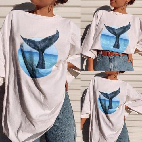 2021 Summer T shirt Women Fashion Whale Print Vintage Drop Sleeves White Tee Pattern Casual Short Sleeve Tops Long Unisex Loose