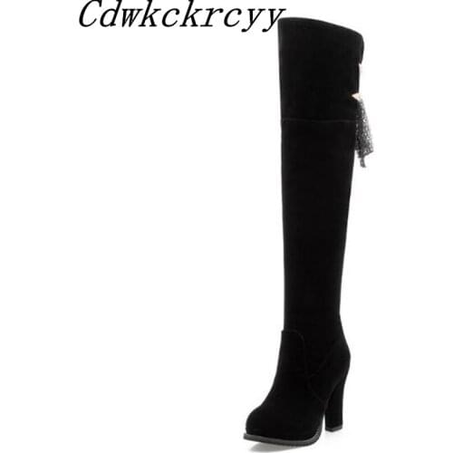 Women Boots winter New style High-heeled Waterproof Round head Coarse heel High Boots black sexy Grind Suede Women Boots 34-43