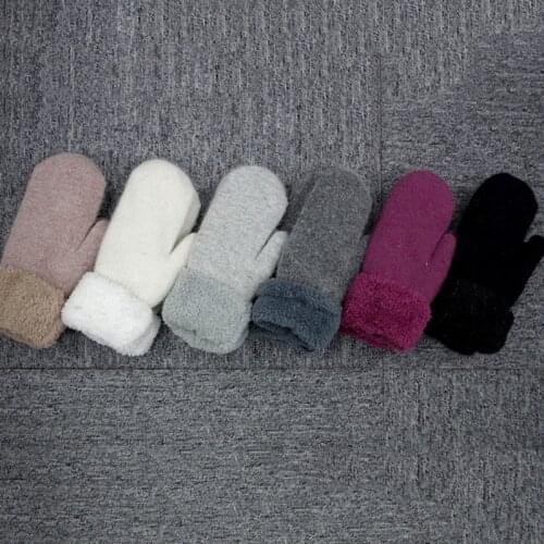 Women Winter Rabbit Wool Gloves Cute Plus Cashmere Thickening Warm Full Finger Mittens Girls Solid Color All Fingers Guantes