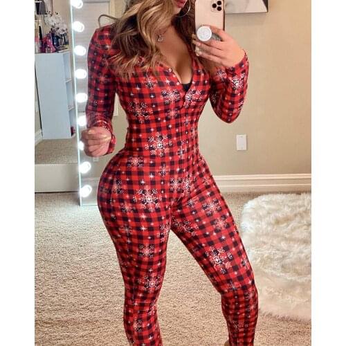 Womens Plaid Sexy Snow Printed Adults Jumpsuits 2021 New Year Femme Christmas Skinny Pajamas Suit One Piece V-Neck Sleepwear