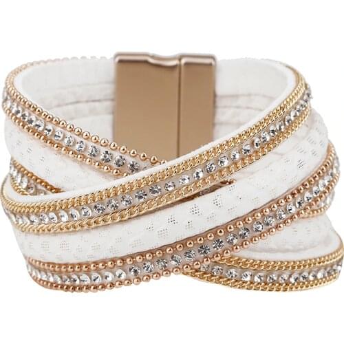 Amorcome 3 Colors Handmade Leather Bracelet Women Alloy Crystal Beads Magnet MultiLayers Charm Wrap Bracelets & Bangles Jewelry