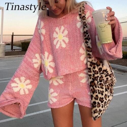 Tinastyle Summer Autumn Knitted Suit Casual Long Sleeve Sweater Top And Biker Shotrs Women Y2K Two Piece Sets Fashion Outfits