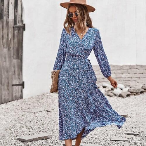 Women Elegant Lantern Sleeve Ruffles Midi Dress 2021 Autumn Winter V-neck Long Sleeve Sashes Party Dress Vintage Dress vestidos