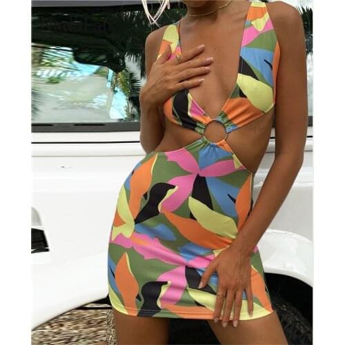 Nadafair Camouflage Cut Out Sexy Mini Dress Women Aesthetics Clothes Patchwork Club Wrap Backless Summer Beach Bodycon Dress