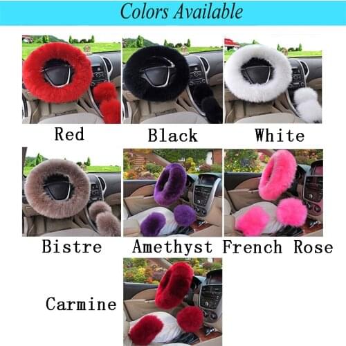 3pcs Set Long Plush Warm Steering Wheel Cover Woolen Handbrake Car Accessory Universal