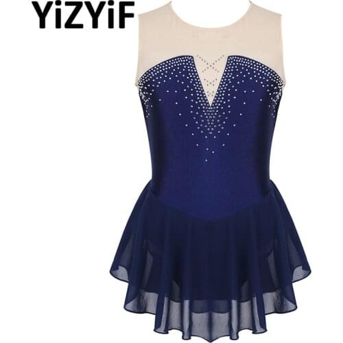 Kids Girls Gymnastics Leotard Dress Leotard Ballet Sparkly Inlaid Rhinestone Mesh Splice Figure Skating Dress Ballet Dance wear