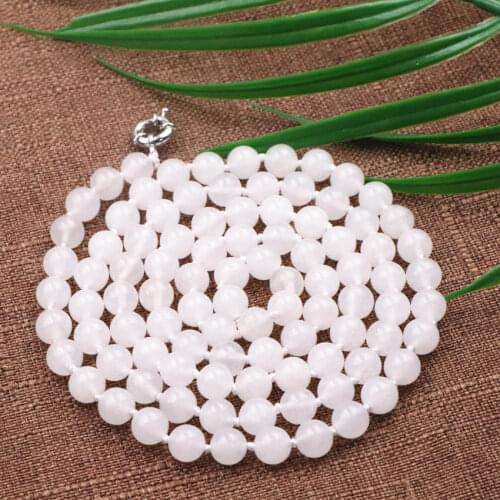 Statement Necklace Retro Long Chain White Crystal Natural Stone Round Beaded Necklaces Women Party Gifts Jades Jewelry 36" A952