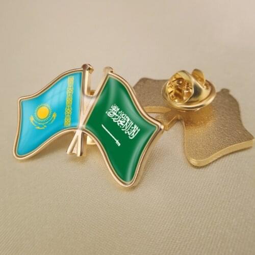 Kazakhstan and Saudi Arabia Crossed Double Friendship Flags Lapel Pins Brooch Badges