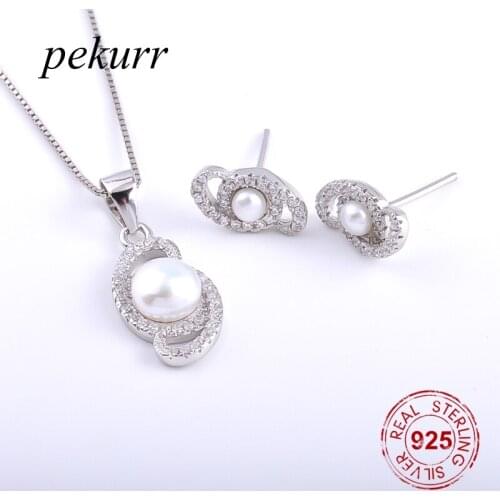 Pekurr 925 Sterling Silver Zircon Meteor Star Freshwater Natural Pearl Earrings Necklace Sets For Women Circle Pendant Jewelry