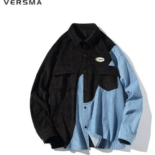 VERSMA Japanese Chic Denim Stitch Corduroy Oversized Shirt Men American Hip Hop BF Long Sleeve Vintage Shirt Women Dropshipping