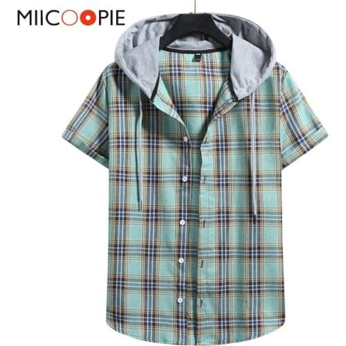 Summer Short Sleeve Hooded Plaid Shirt Men Women 2021 High Quality Couple Clothes Casual Loose Streetwear Social Chemise Homme