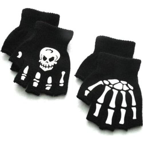 Warm Winter Fingerless Hand Gloves Kids Children Men Women Luminous Halloween Skeleton Ghost Claw Black Elastic Accessories