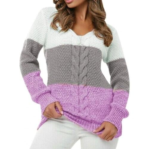 2021 New Autumn Knitting Top V Neck Knitted Top Long Sleeve Pullover Color Block Knitted Jumpers Women Knitwear Sweater