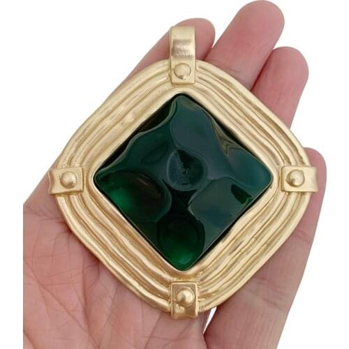 2 x Matt Gold Large Geometry Square & Green Resin Stone Charms Pendants for Necklace Jewelry Making 74x68mm
