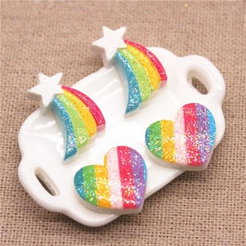 20pcs Glitter Resin Rainbow Printed Heart/Rainbow Flatback Cabochon DIY Hair Clip/Craft Decoration
