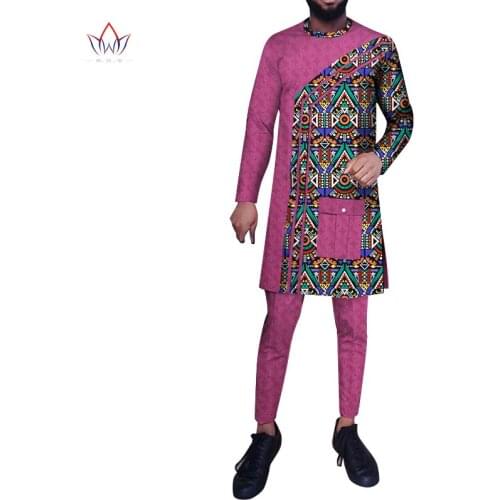 Bazin Riche Men 2 Pieces Pants Sets African Design Clothing African Clothes Casual Men Long Top Shirts and Pants Sets WYN1304