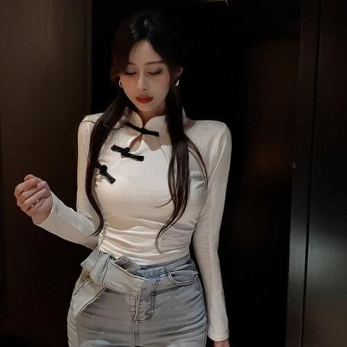 Black Sexy Asian Clothes Oriental Chinese T Shirt Long Sleeve Asian Streetwear Cheongsam Top Chinese Style Clothing Women FF2903