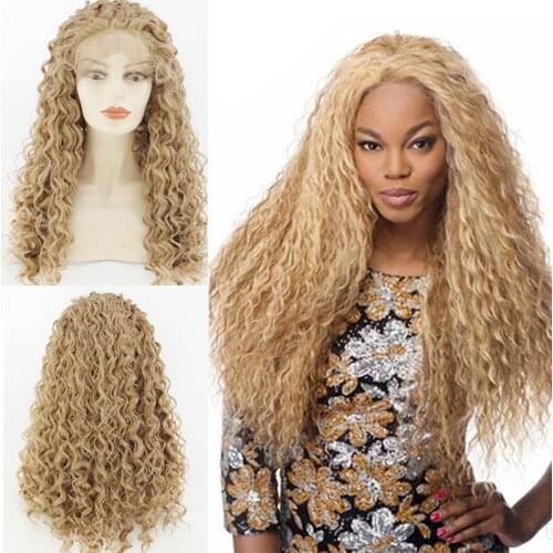 Long Blonde Curly Synthetic Wigs for Black Women Andromeda Soft Fluffy Big Curls Hair Loose Curly African American Lace Front