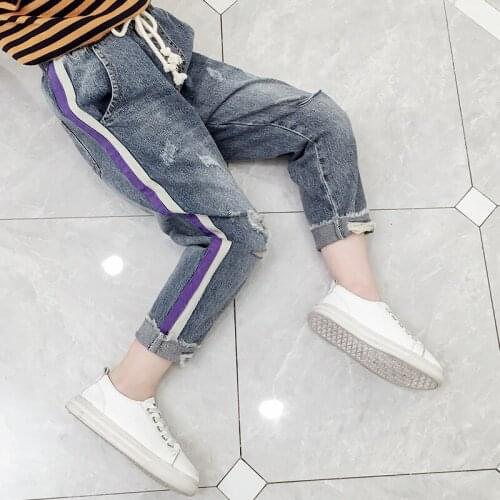 Toddler Kids Jeans Spring Autumn Children Girl Drawstring Broken Hole Denim Pants Clothes for Girls 3 4 5 6 7 8 9 10 12 14 Years