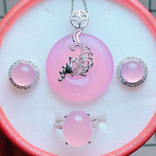 Exclusive design Fine Jewelry Natural Jade Medullary 925 Silver Pink Pendant Ring Earring Women Fashion Jewelry Set