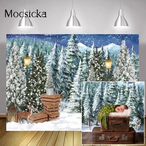 Christmas Winter Scene Backdrop Photography Xmas Pine Tree Snow Wonderland Background Newborn Baby Kids Portrait Photo Shoot