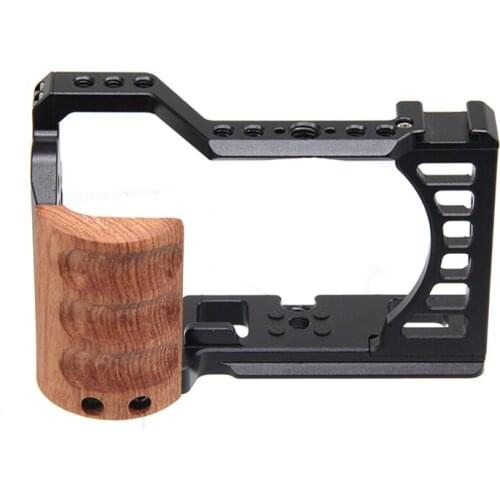 Camera Cage Wooden Handle Protection Frame for Sony A7C Camera Housing Cage with Cold Shoe for Mic Tripod LED Video Light