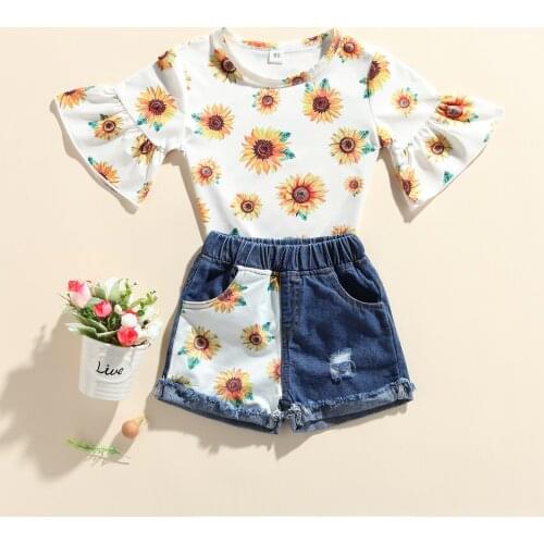 2Pcs Kid Baby Girls Clothes Set Sunflowers Printed Flare Sleeve Top Denim Shorts Outfits Children Girls Costumes Summer