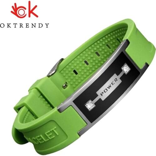 Magnetic Health Weight Loss Bracelets Stainless Steel Bracelet Men Crystal Wrist Band Green Silicone Sport Wristband Bangle