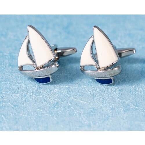 Fashion Sailing Boat Cufflinks Gold Metal Cuff Button White Blue Enamel Jewelry For Men Suit French Shirt Business Groom Gifts
