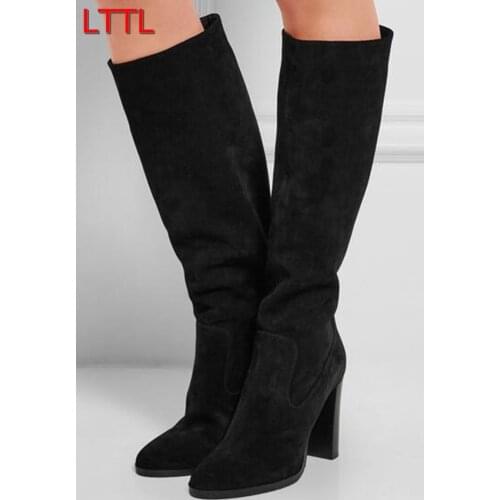 New 2017 Women Knee High Boots Lady Thick Heels Booties Brown Leather Under Knee Booties Sexy Point Toe Gladiator Boots