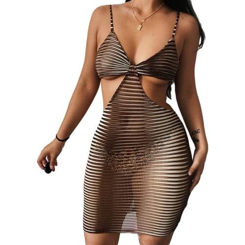 Women Camisole Dress with Chic Print, Sexy Style Skinny Fit Hollow Decoration Summer Clothing