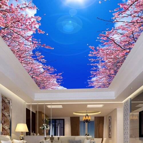 Custom Photo Wallpaper Blue Sky White Clouds Cherry Blossom Living Room Bedroom 3D Ceiling Decoration Mural Wallpaper Waterproof